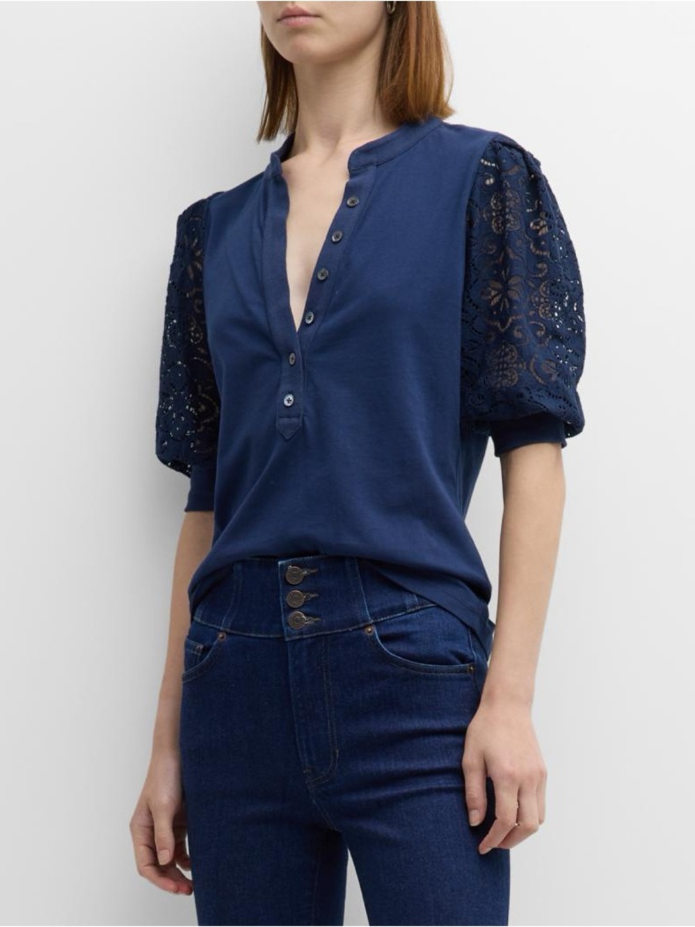 Veronica Beard Coralee Knit Button-Front Eyelet Sleeve Top KG1420
